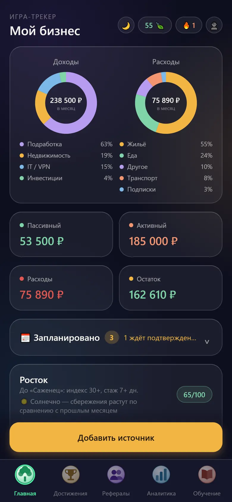 Главный экран: доходы и расходы месяца
